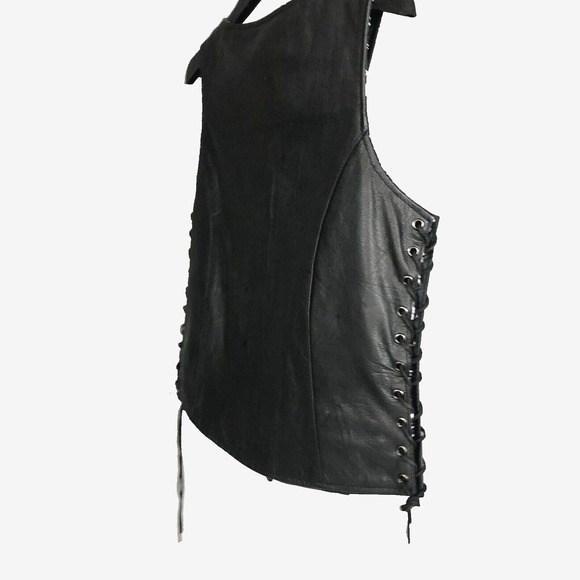 Unik Premium Women Sz M Black Leather Snap Front Vest Side Laces Paisley Liner - Picture 9 of 16